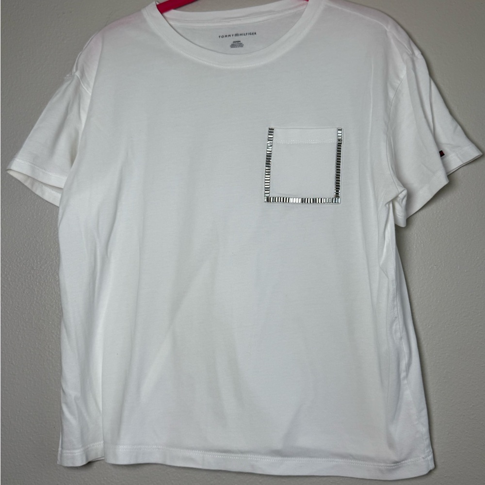 Tommy Hilfiger White Short-Sleeve Pocket Tee with Metallic Trim